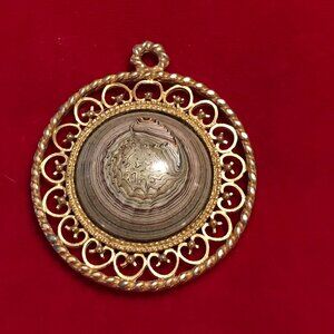 Vintage Gold Tone Open Scroll Cabochon Stone Pendant